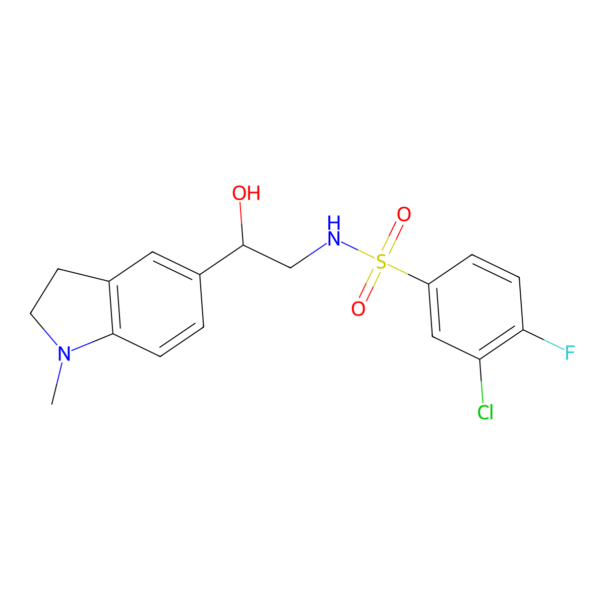 3-chloro-4-fluoro-N-(2-hydroxy-2-(1-methylindolin-5-yl)ethyl)benzenesulfonamide molecular structure, CAS 1706153-81-2