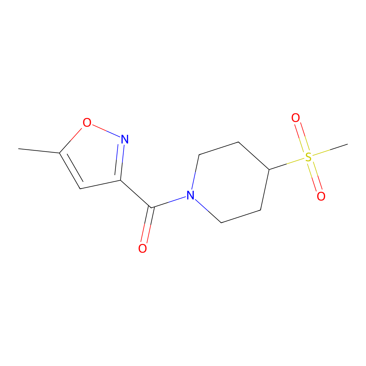 (5-Methylisoxazol-3-yl)(4-(methylsulfonyl)piperidin-1-yl)methanone molecular structure, CAS 1706156-24-2