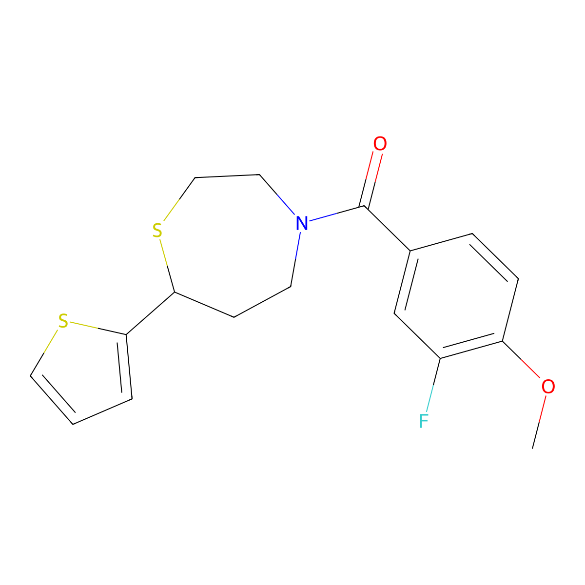(3-Fluoro-4-methoxyphenyl)(7-(thiophen-2-yl)-1,4-thiazepan-4-yl)methanone molecular structure, CAS 1706183-49-4