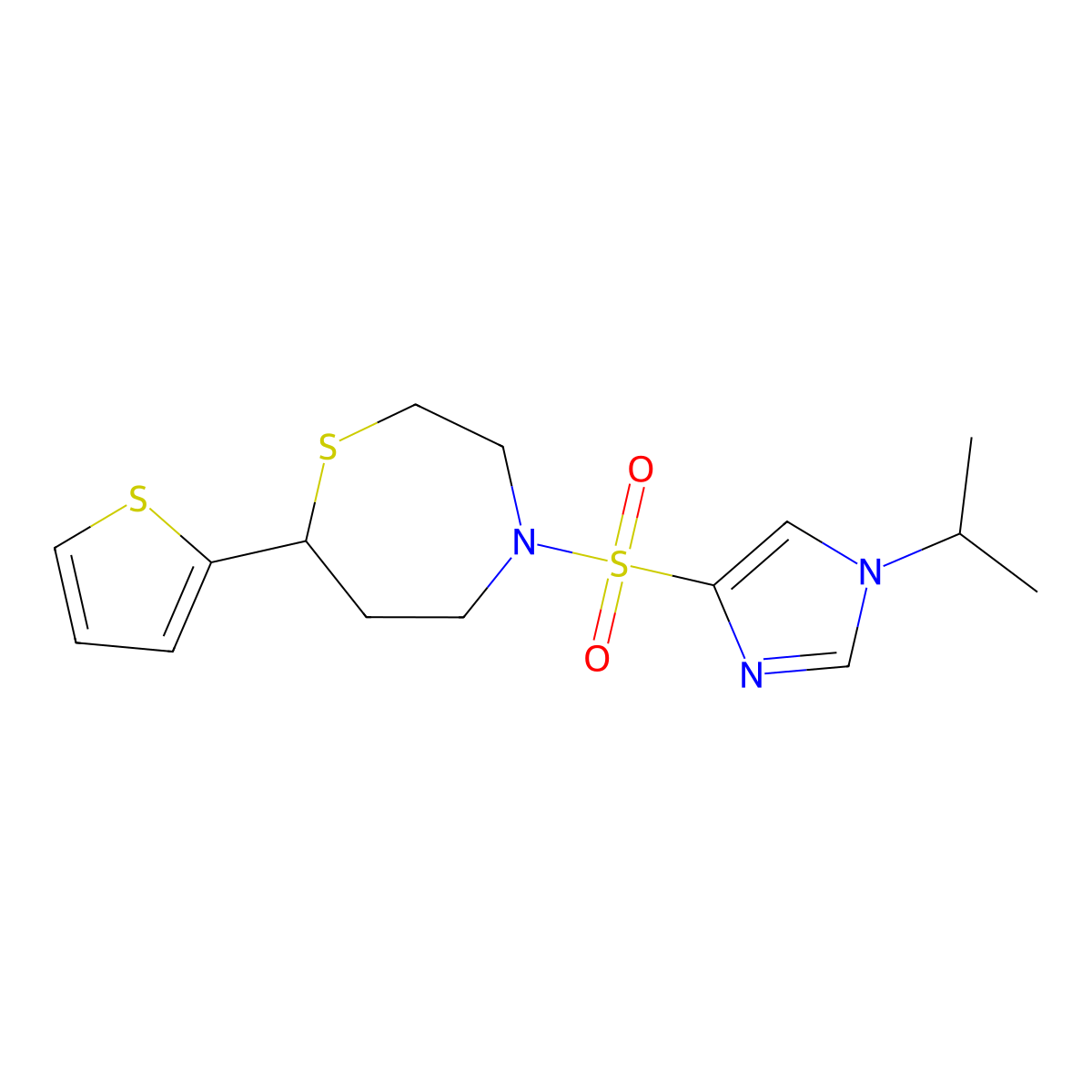 4-((1-isopropyl-1H-imidazol-4-yl)sulfonyl)-7-(thiophen-2-yl)-1,4-thiazepane molecular structure, CAS 1706183-95-0