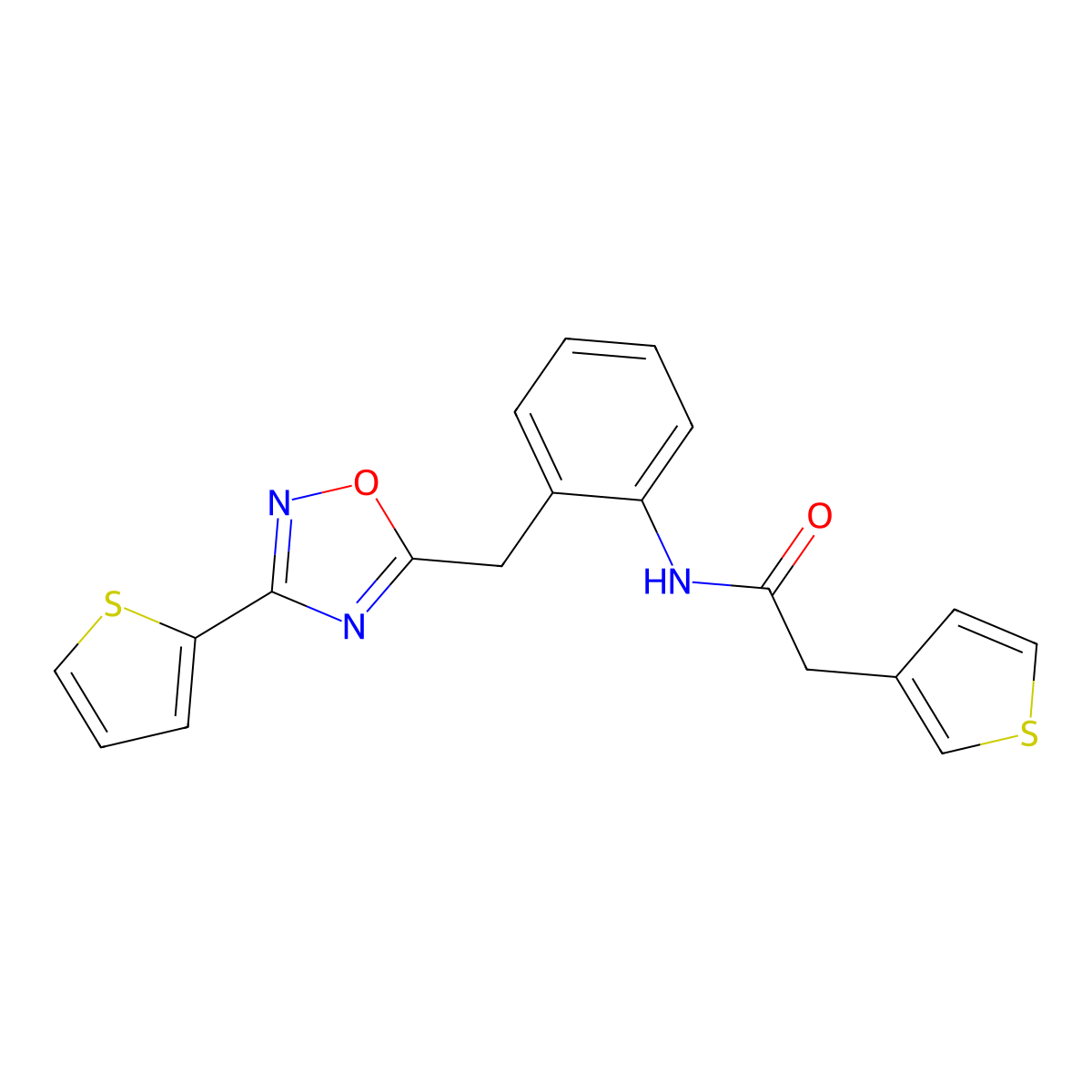 N-(2-((3-(thiophen-2-yl)-1,2,4-oxadiazol-5-yl)methyl)phenyl)-2-(thiophen-3-yl)acetamide molecular structure, CAS 1706185-30-9