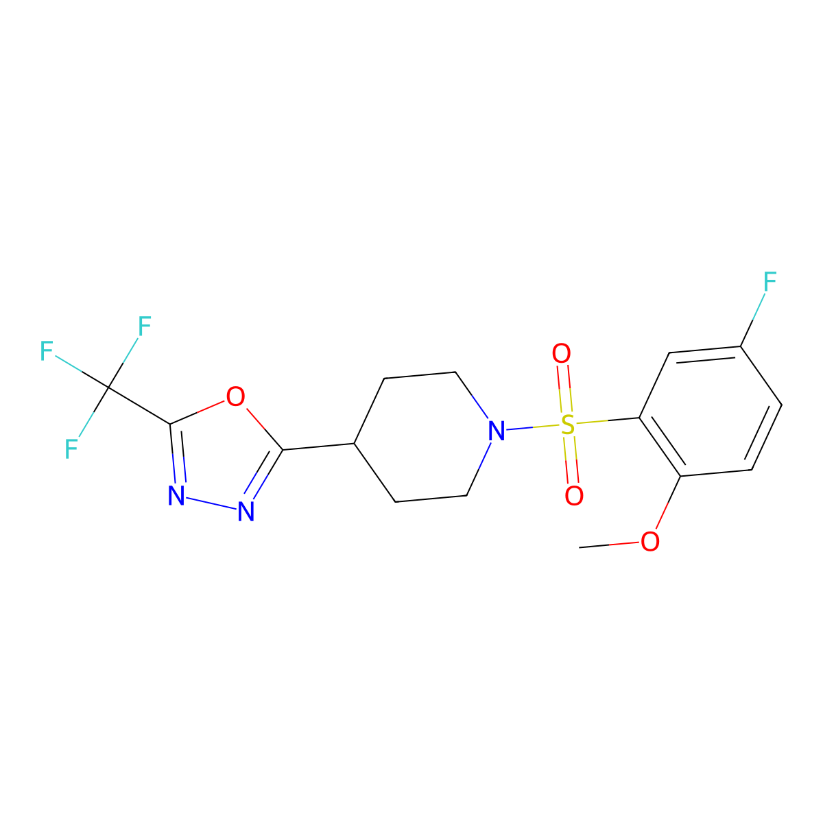 2-(1-((5-Fluoro-2-methoxyphenyl)sulfonyl)piperidin-4-yl)-5-(trifluoromethyl)-1,3,4-oxadiazole molecular structure, CAS 1706202-62-1