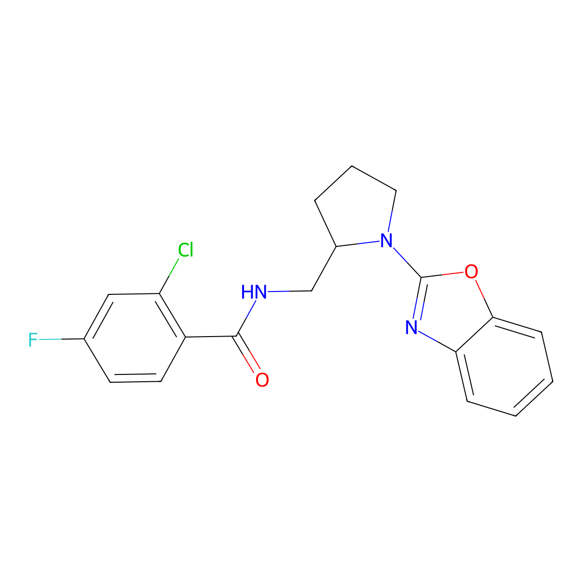 N-((1-(benzo[d]oxazol-2-yl)pyrrolidin-2-yl)methyl)-2-chloro-4-fluorobenzamide molecular structure, CAS 1706208-97-0