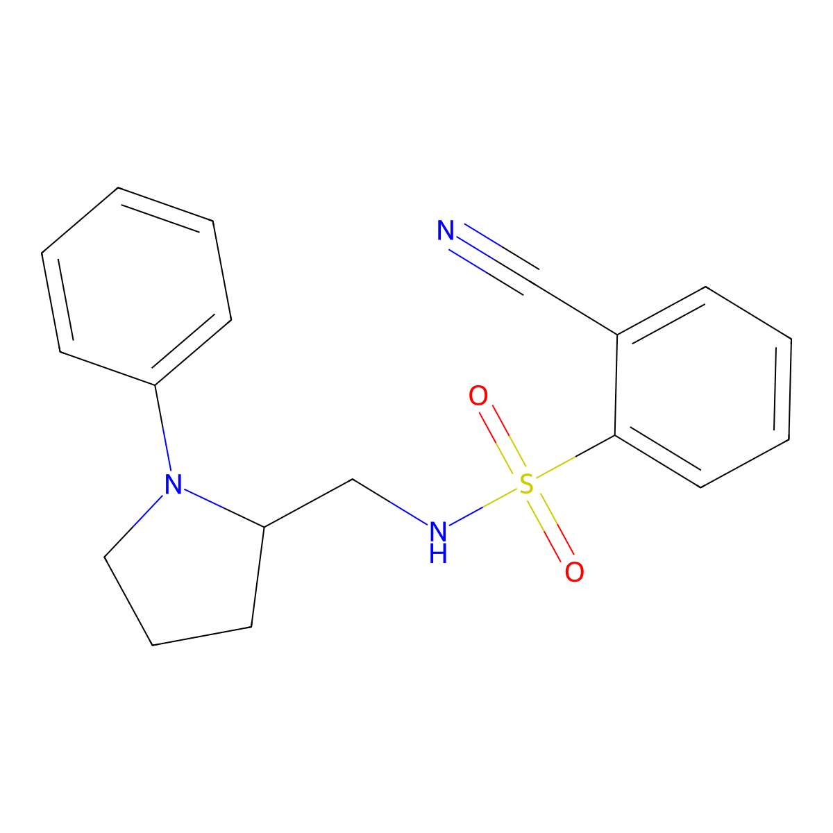 2-cyano-N-((1-phenylpyrrolidin-2-yl)methyl)benzenesulfonamide molecular structure, CAS 1706212-10-3