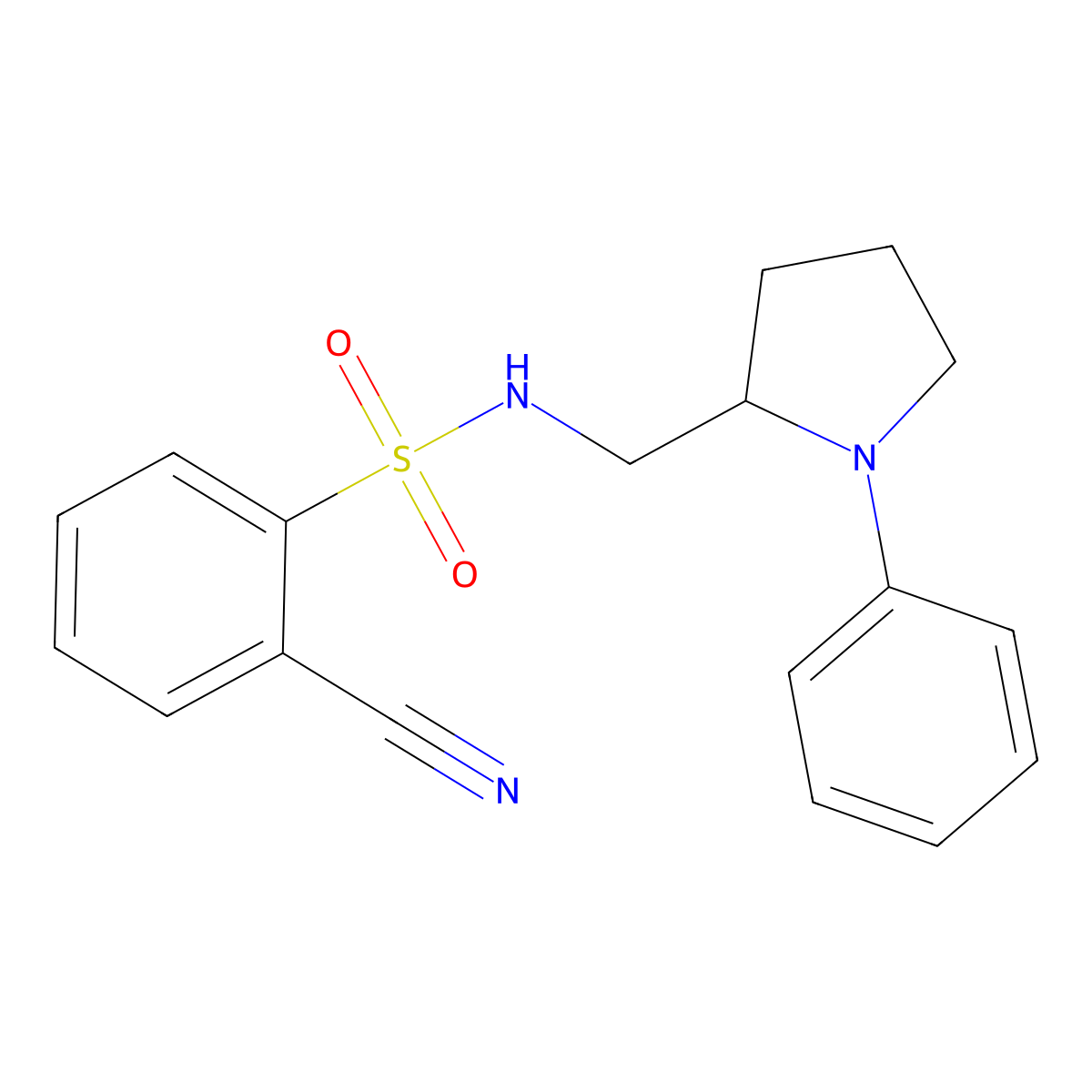 2-cyano-N-((1-phenylpyrrolidin-2-yl)methyl)benzenesulfonamide molecular structure, CAS 1706212-10-3