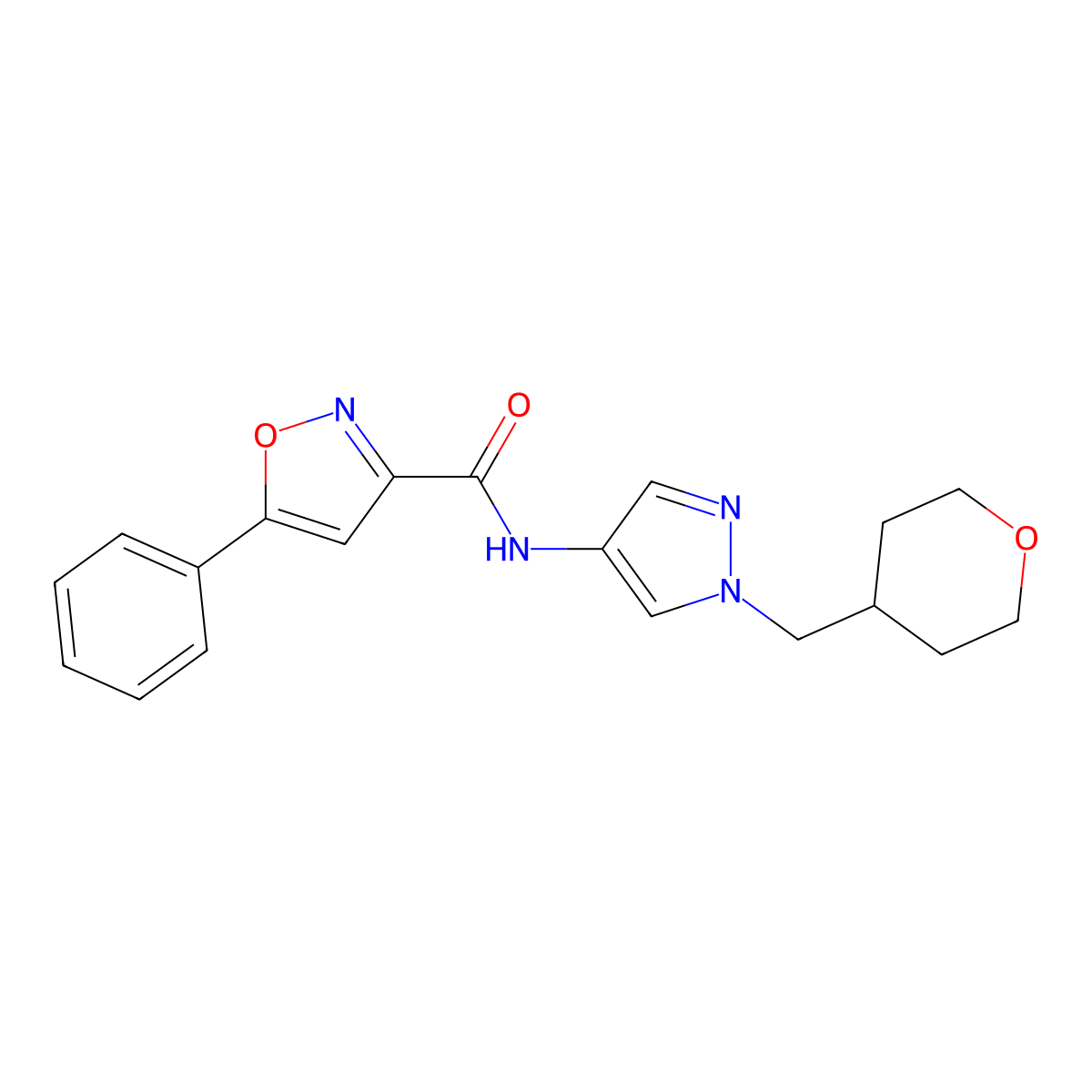 5-phenyl-N-(1-((tetrahydro-2H-pyran-4-yl)methyl)-1H-pyrazol-4-yl)isoxazole-3-carboxamide molecular structure, CAS 1706212-92-1