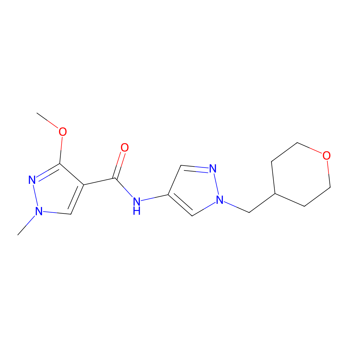 3-methoxy-1-methyl-N-(1-((tetrahydro-2H-pyran-4-yl)methyl)-1H-pyrazol-4-yl)-1H-pyrazole-4-carboxamide molecular structure, CAS 1706212-99-8