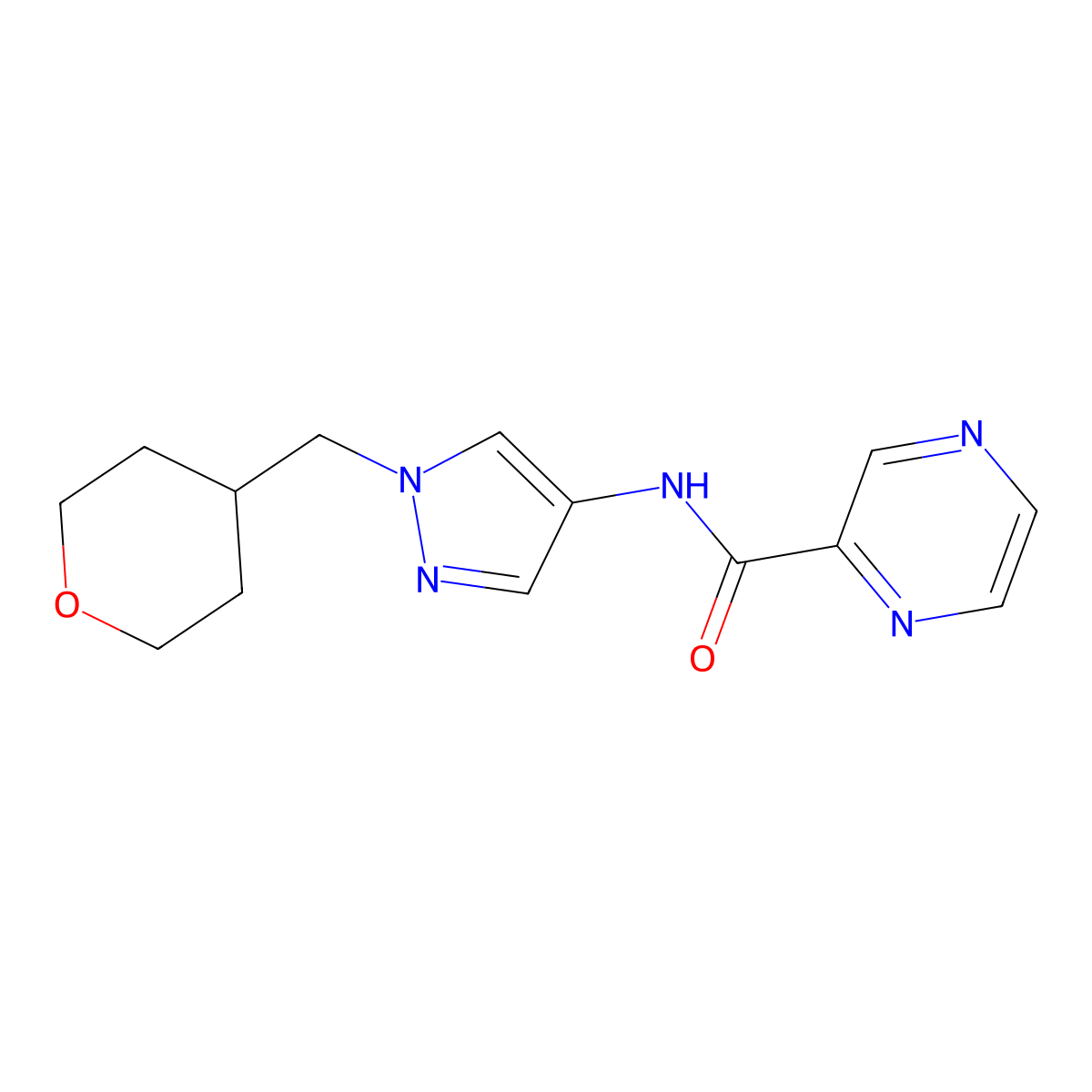 N-(1-((tetrahydro-2H-pyran-4-yl)methyl)-1H-pyrazol-4-yl)pyrazine-2-carboxamide molecular structure, CAS 1706213-07-1