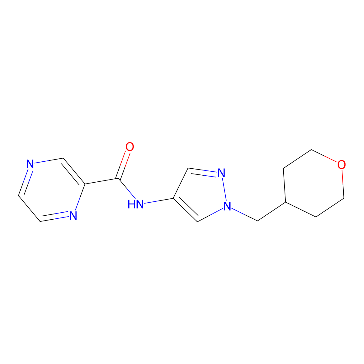 N-(1-((tetrahydro-2H-pyran-4-yl)methyl)-1H-pyrazol-4-yl)pyrazine-2-carboxamide molecular structure, CAS 1706213-07-1