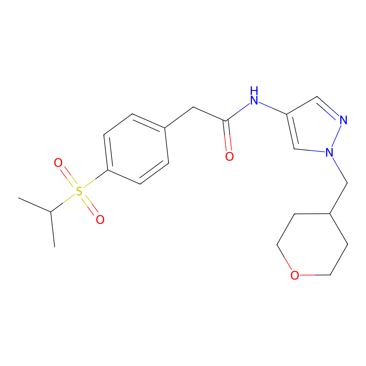 2-(4-(isopropylsulfonyl)phenyl)-N-(1-((tetrahydro-2H-pyran-4-yl)methyl)-1H-pyrazol-4-yl)acetamide molecular structure, CAS 1706213-16-2