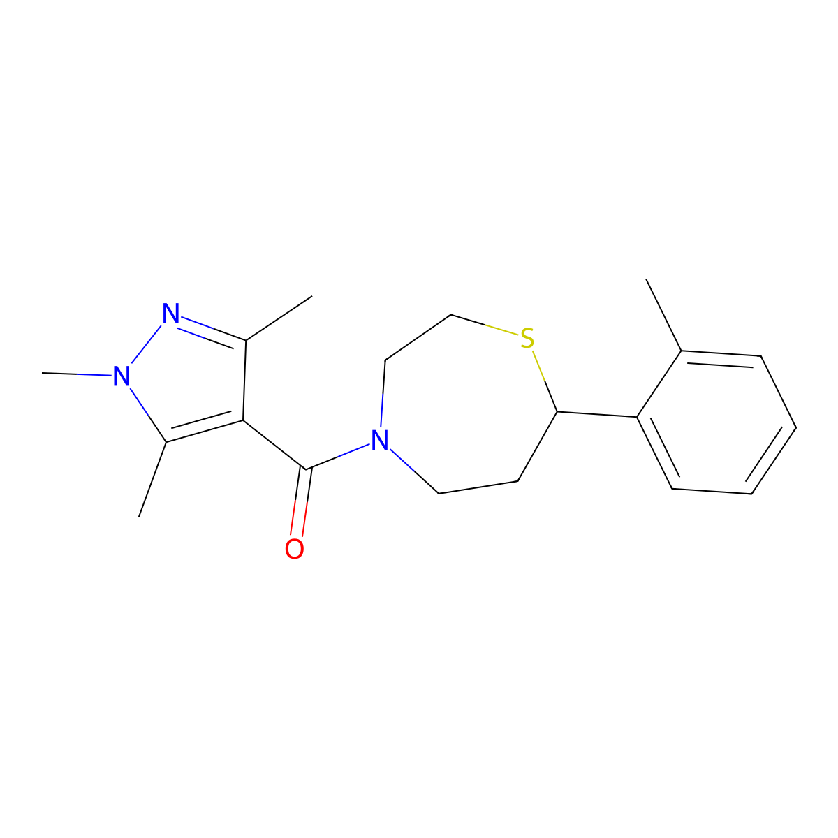 (7-(o-tolyl)-1,4-thiazepan-4-yl)(1,3,5-trimethyl-1H-pyrazol-4-yl)methanone molecular structure, CAS 1706221-28-4