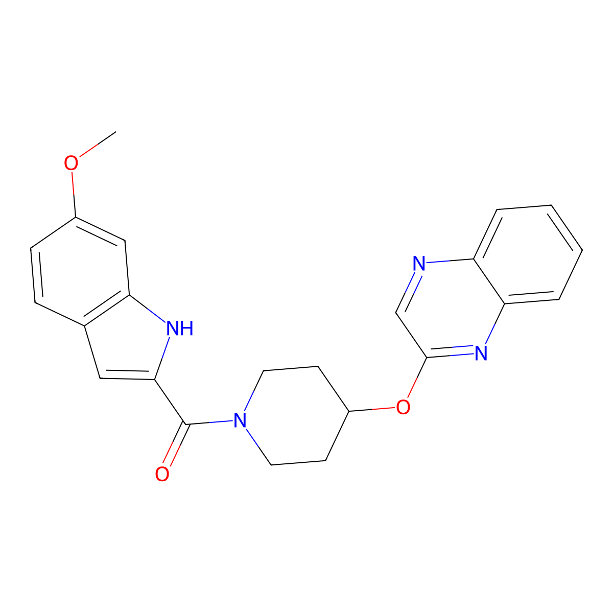 (6-methoxy-1H-indol-2-yl)(4-(quinoxalin-2-yloxy)piperidin-1-yl)methanone molecular structure, CAS 1706222-90-3