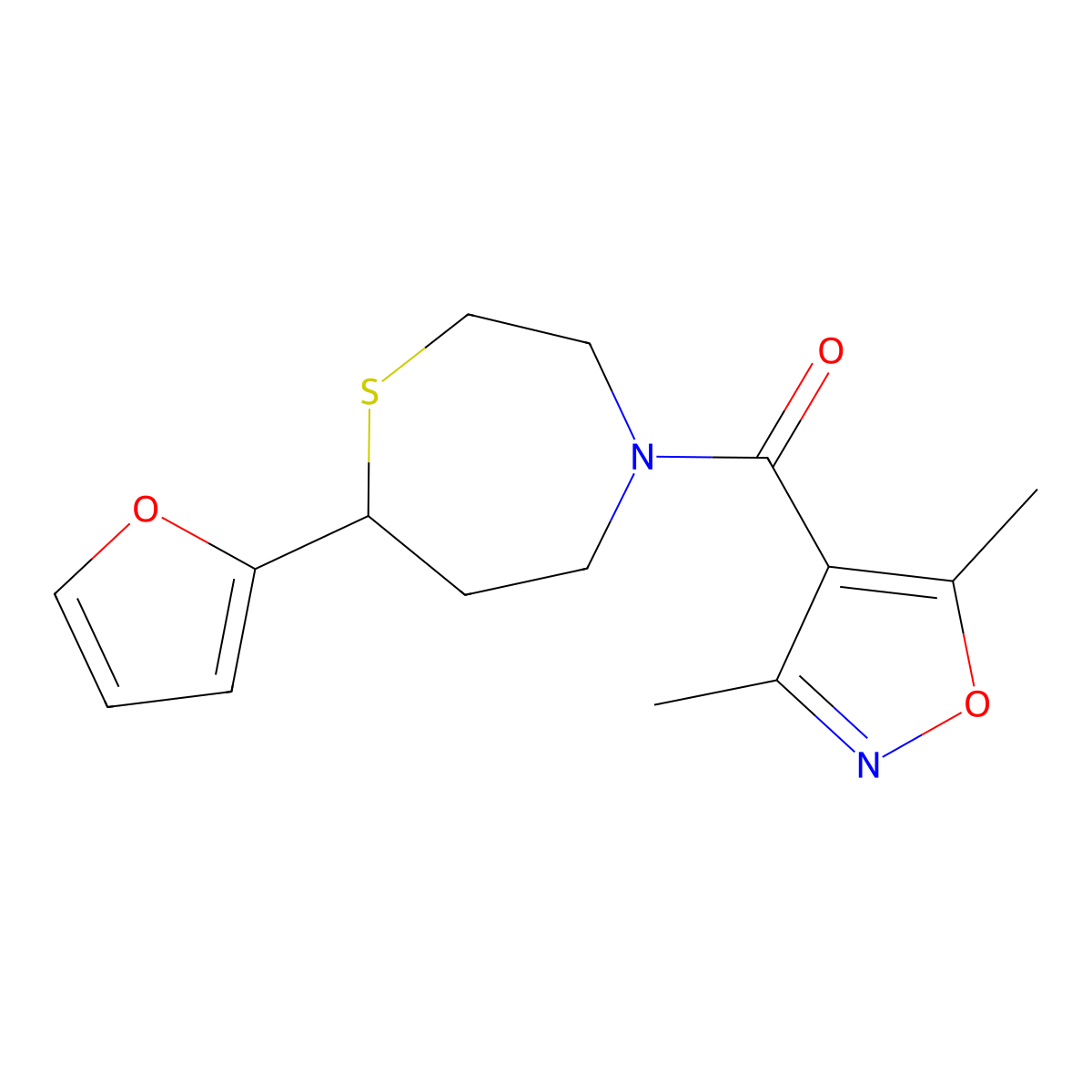 (3,5-Dimethylisoxazol-4-yl)(7-(furan-2-yl)-1,4-thiazepan-4-yl)methanone molecular structure, CAS 1706223-06-4
