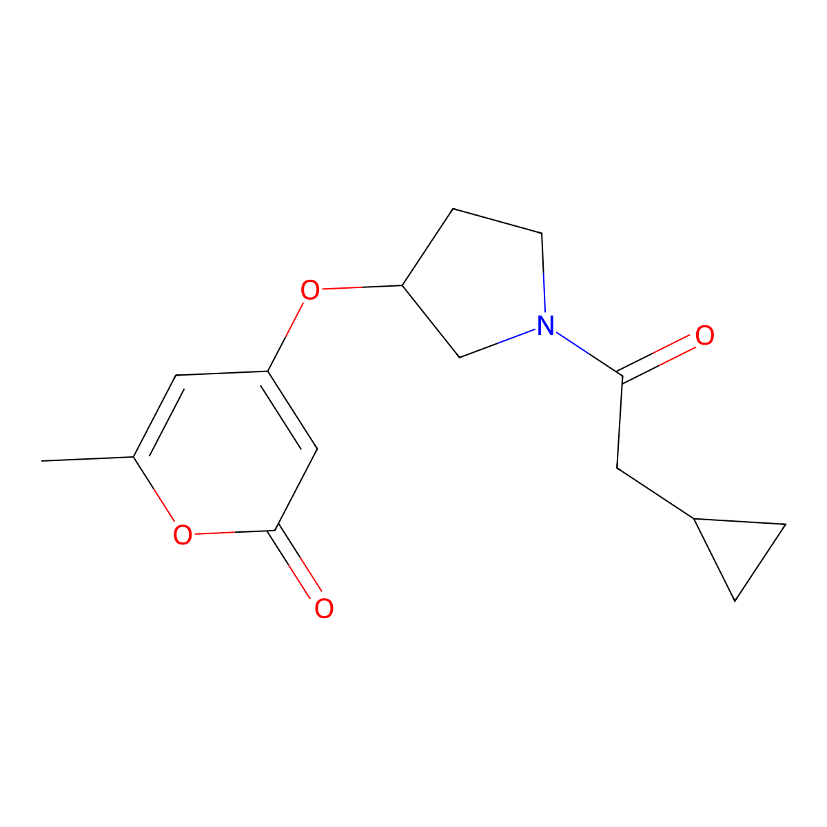 4-{[1-(2-cyclopropylacetyl)pyrrolidin-3-yl]oxy}-6-methyl-2H-pyran-2-one molecular structure, CAS 1706223-42-8