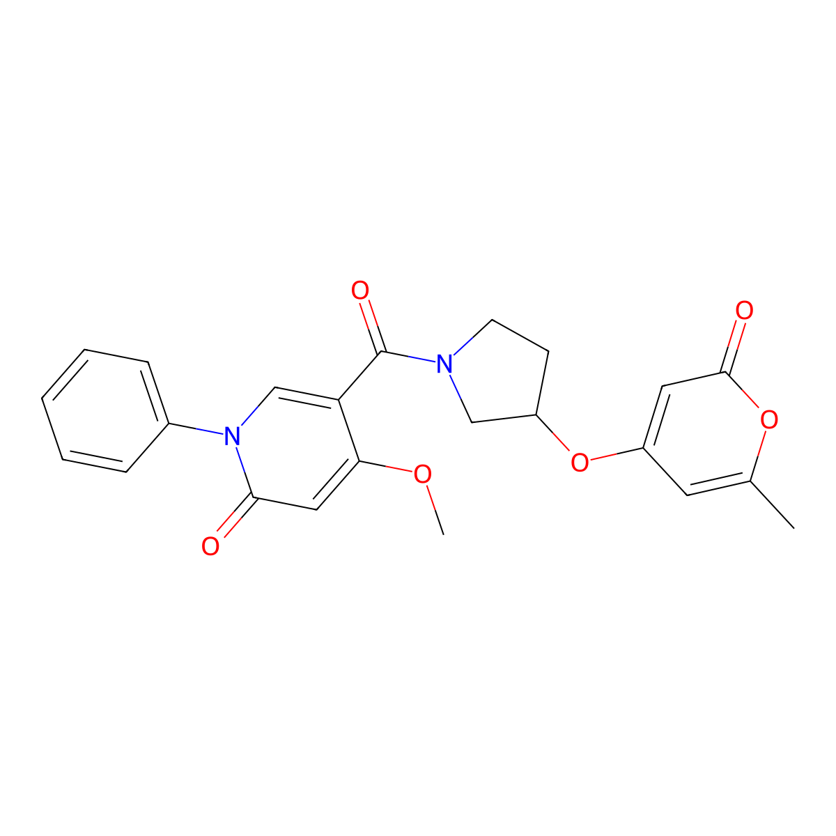 4-methoxy-5-(3-((6-methyl-2-oxo-2H-pyran-4-yl)oxy)pyrrolidine-1-carbonyl)-1-phenylpyridin-2(1H)-one molecular structure, CAS 1706223-53-1