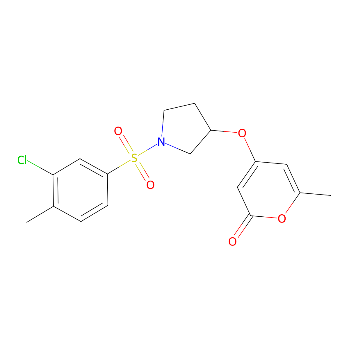 4-((1-((3-chloro-4-methylphenyl)sulfonyl)pyrrolidin-3-yl)oxy)-6-methyl-2H-pyran-2-one molecular structure, CAS 1706223-69-9