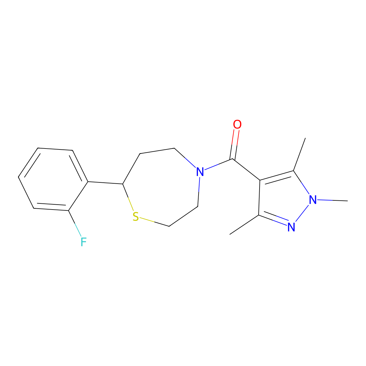(7-(2-fluorophenyl)-1,4-thiazepan-4-yl)(1,3,5-trimethyl-1H-pyrazol-4-yl)methanone molecular structure, CAS 1706226-54-1