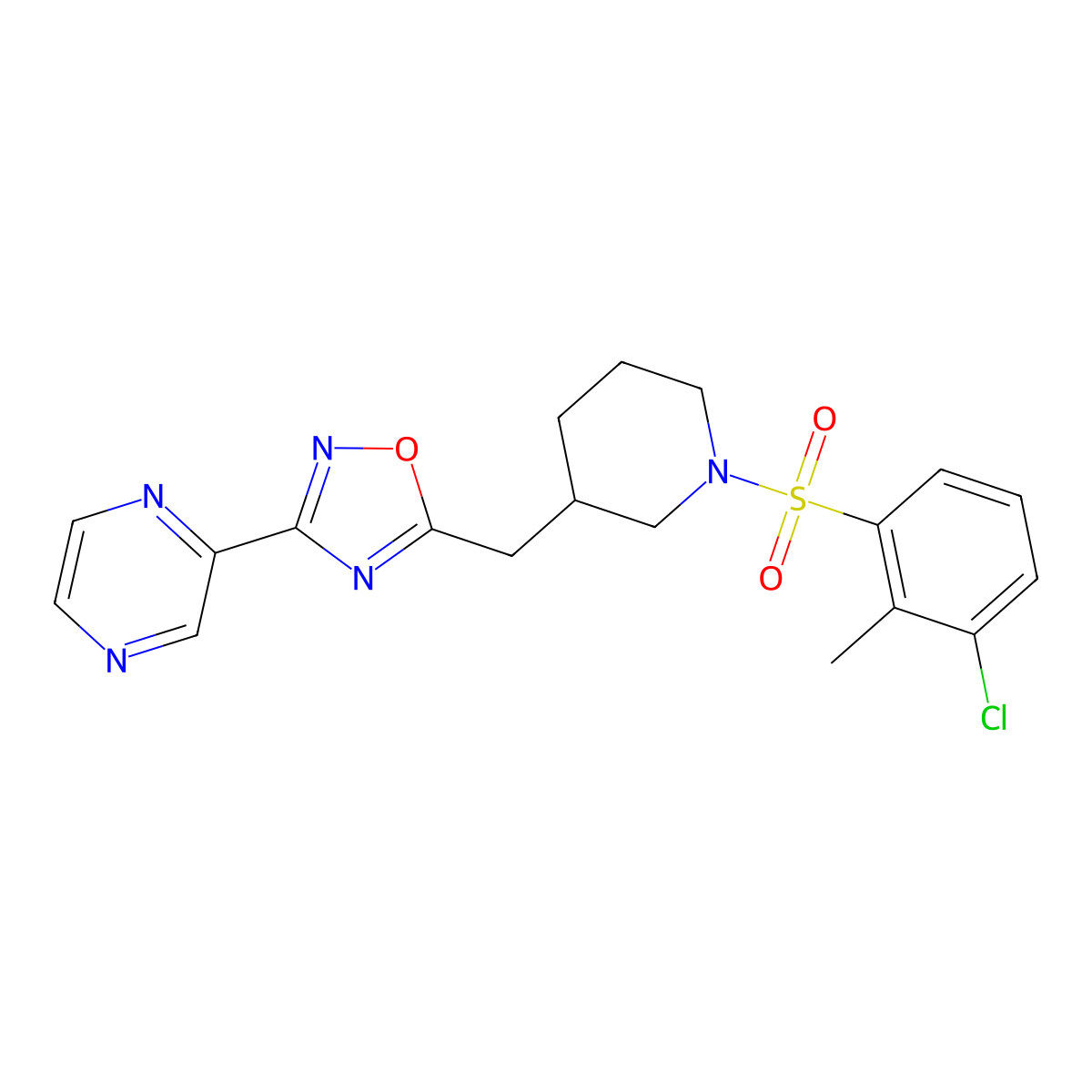 5-((1-((3-Chloro-2-methylphenyl)sulfonyl)piperidin-3-yl)methyl)-3-(pyrazin-2-yl)-1,2,4-oxadiazole molecular structure, CAS 1706229-77-7