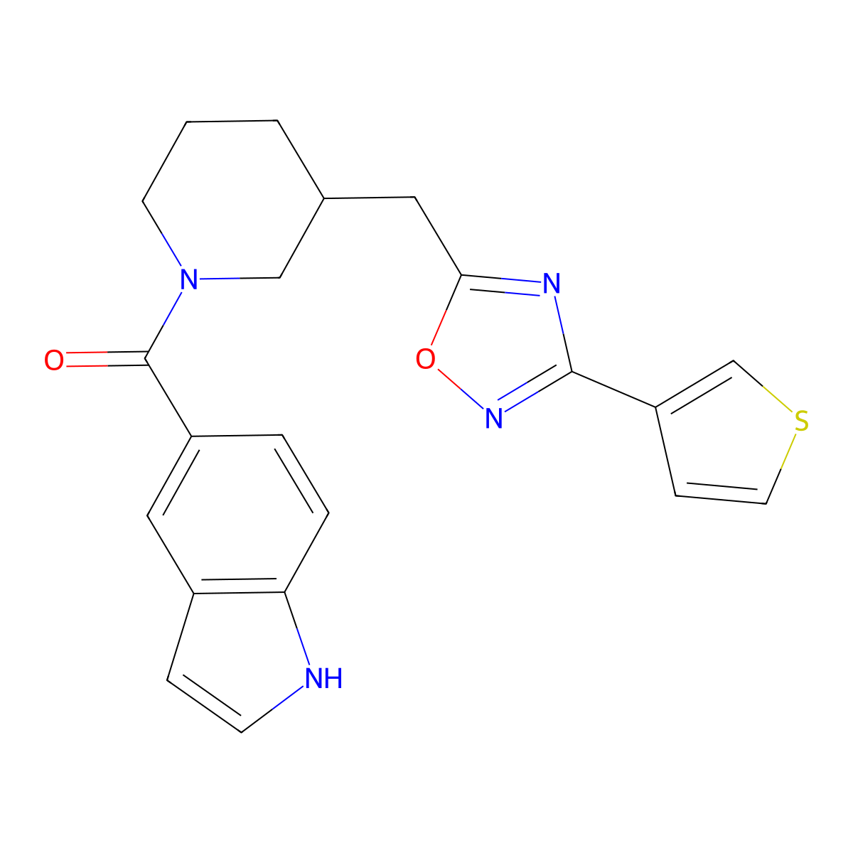 (1H-indol-5-yl)(3-((3-(thiophen-3-yl)-1,2,4-oxadiazol-5-yl)methyl)piperidin-1-yl)methanone molecular structure, CAS 1706230-50-3