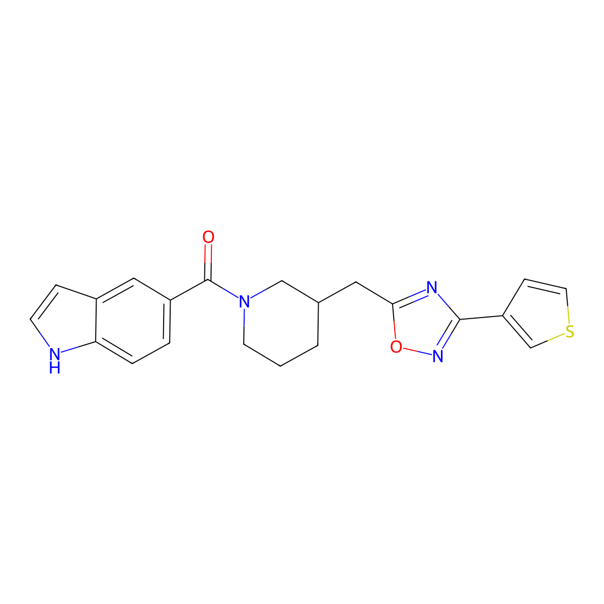 (1H-indol-5-yl)(3-((3-(thiophen-3-yl)-1,2,4-oxadiazol-5-yl)methyl)piperidin-1-yl)methanone molecular structure, CAS 1706230-50-3