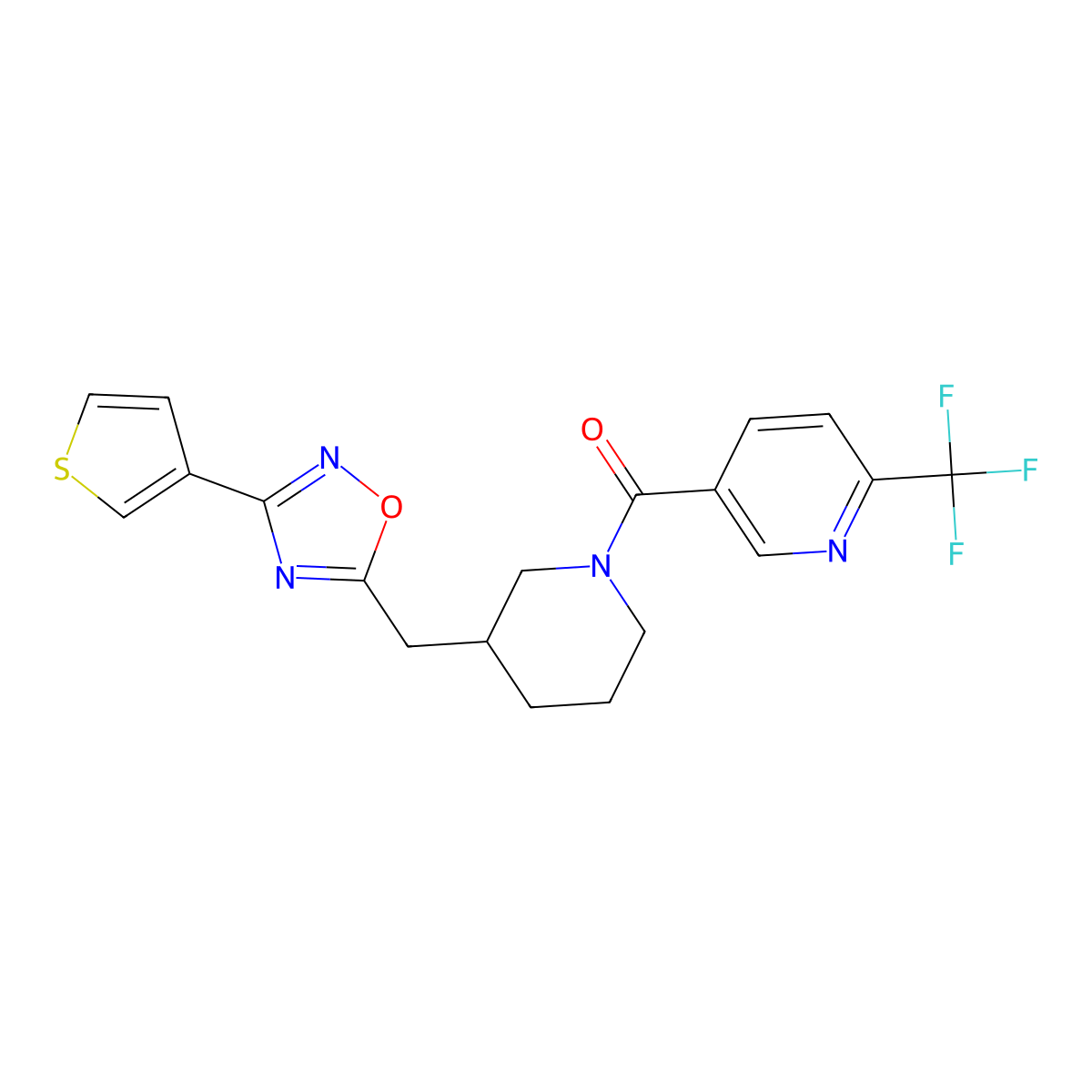 (3-((3-(Thiophen-3-yl)-1,2,4-oxadiazol-5-yl)methyl)piperidin-1-yl)(6-(trifluoromethyl)pyridin-3-yl)methanone molecular structure, CAS 1706230-73-0
