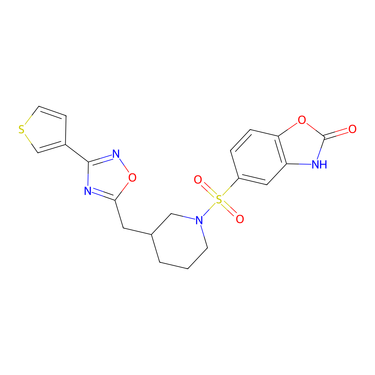 5-((3-((3-(thiophen-3-yl)-1,2,4-oxadiazol-5-yl)methyl)piperidin-1-yl)sulfonyl)benzo[d]oxazol-2(3H)-one molecular structure, CAS 1706231-92-6