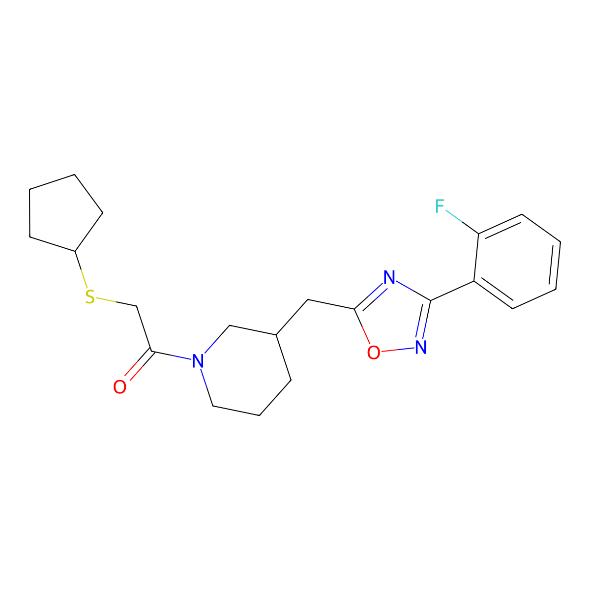 2-(Cyclopentylthio)-1-(3-((3-(2-fluorophenyl)-1,2,4-oxadiazol-5-yl)methyl)piperidin-1-yl)ethanone molecular structure, CAS 1706232-45-2