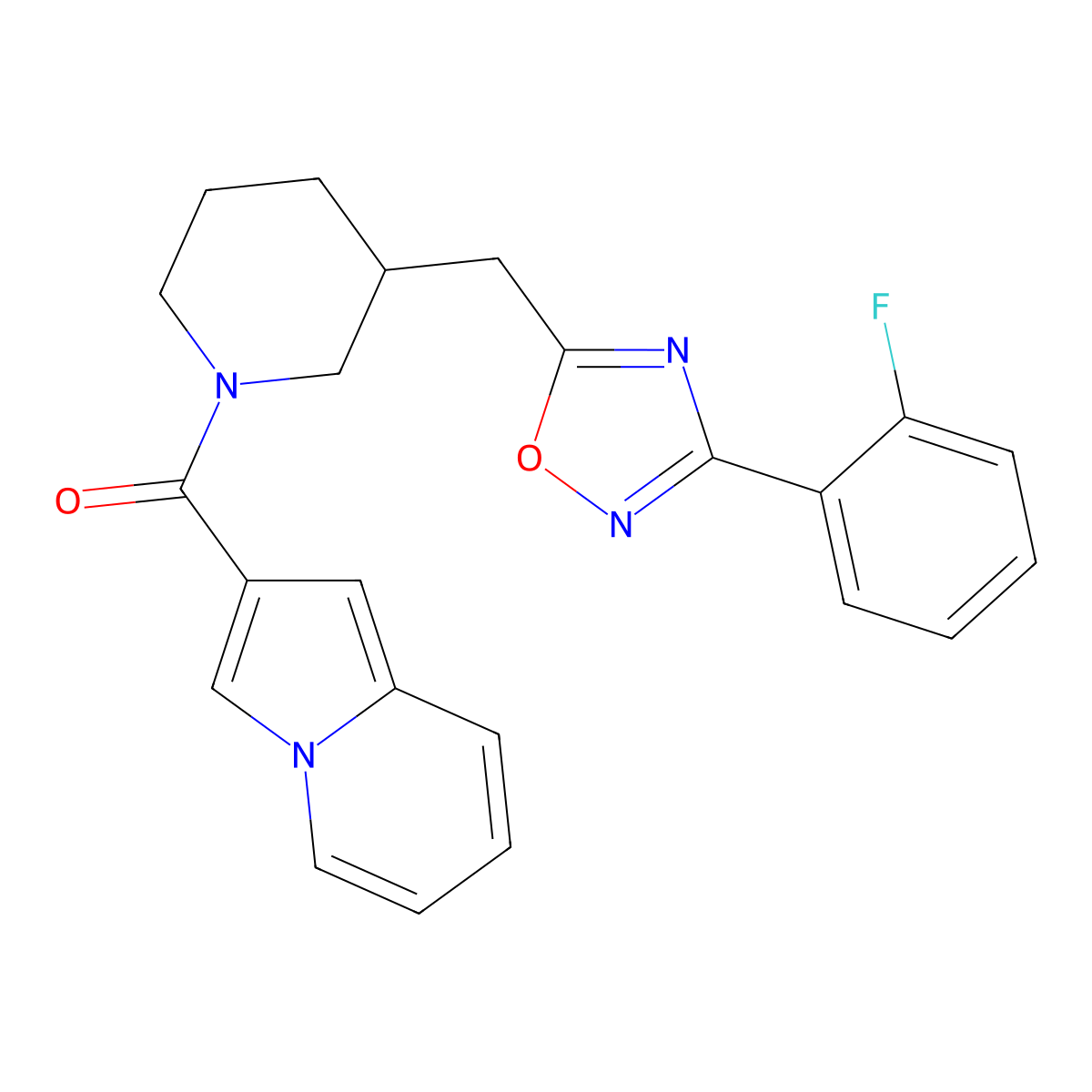 (3-((3-(2-Fluorophenyl)-1,2,4-oxadiazol-5-yl)methyl)piperidin-1-yl)(indolizin-2-yl)methanone molecular structure, CAS 1706232-59-8