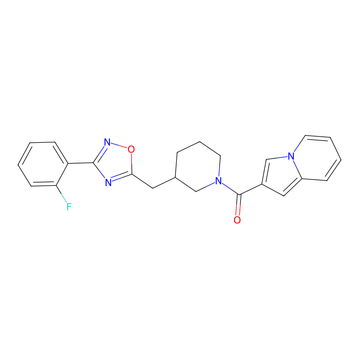 (3-((3-(2-Fluorophenyl)-1,2,4-oxadiazol-5-yl)methyl)piperidin-1-yl)(indolizin-2-yl)methanone molecular structure, CAS 1706232-59-8