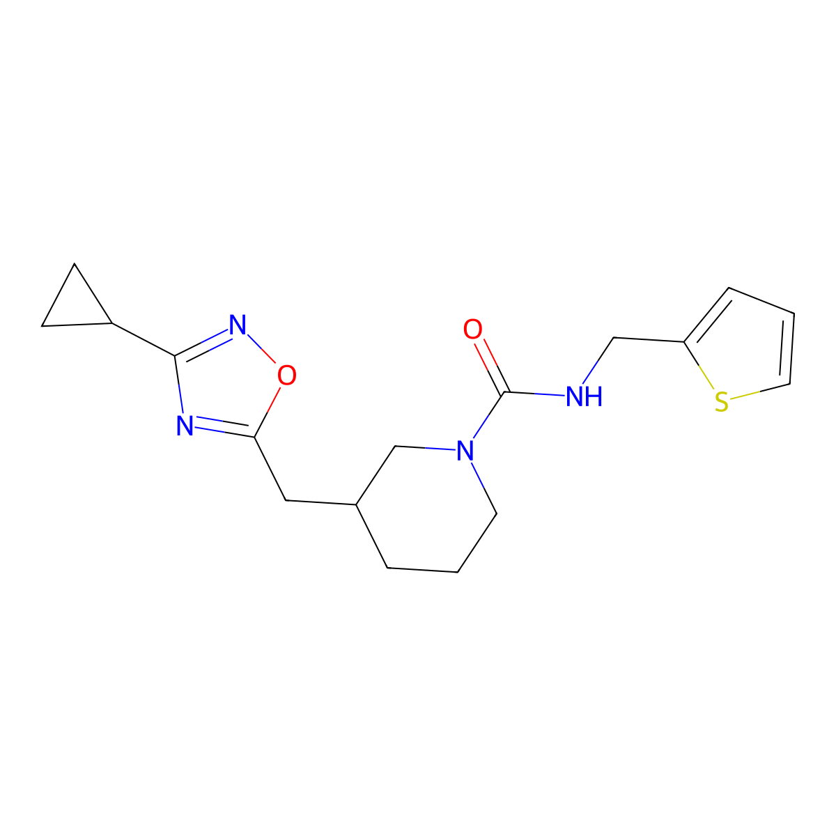 3-((3-cyclopropyl-1,2,4-oxadiazol-5-yl)methyl)-N-(thiophen-2-ylmethyl)piperidine-1-carboxamide molecular structure, CAS 1706233-02-4