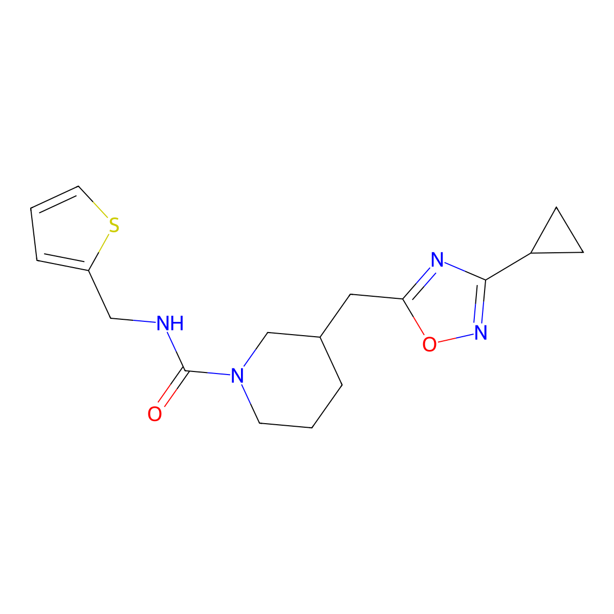 3-((3-cyclopropyl-1,2,4-oxadiazol-5-yl)methyl)-N-(thiophen-2-ylmethyl)piperidine-1-carboxamide molecular structure, CAS 1706233-02-4