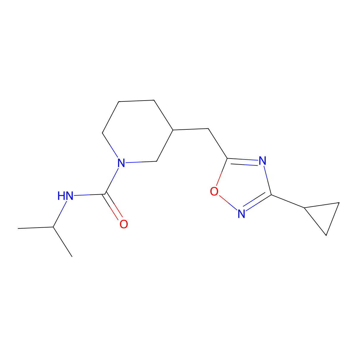 3-((3-cyclopropyl-1,2,4-oxadiazol-5-yl)methyl)-N-isopropylpiperidine-1-carboxamide molecular structure, CAS 1706233-09-1