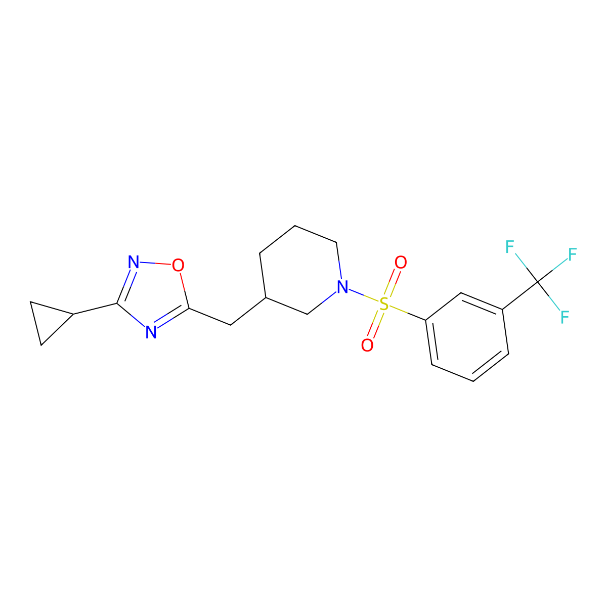3-Cyclopropyl-5-((1-((3-(trifluoromethyl)phenyl)sulfonyl)piperidin-3-yl)methyl)-1,2,4-oxadiazole molecular structure, CAS 1706233-11-5