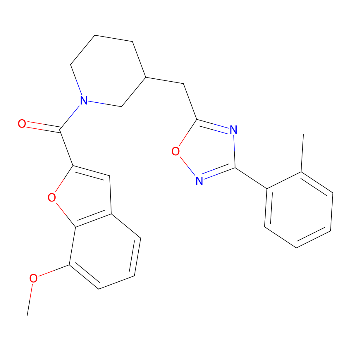 (7-Methoxybenzofuran-2-yl)(3-((3-(o-tolyl)-1,2,4-oxadiazol-5-yl)methyl)piperidin-1-yl)methanone molecular structure, CAS 1706234-52-7