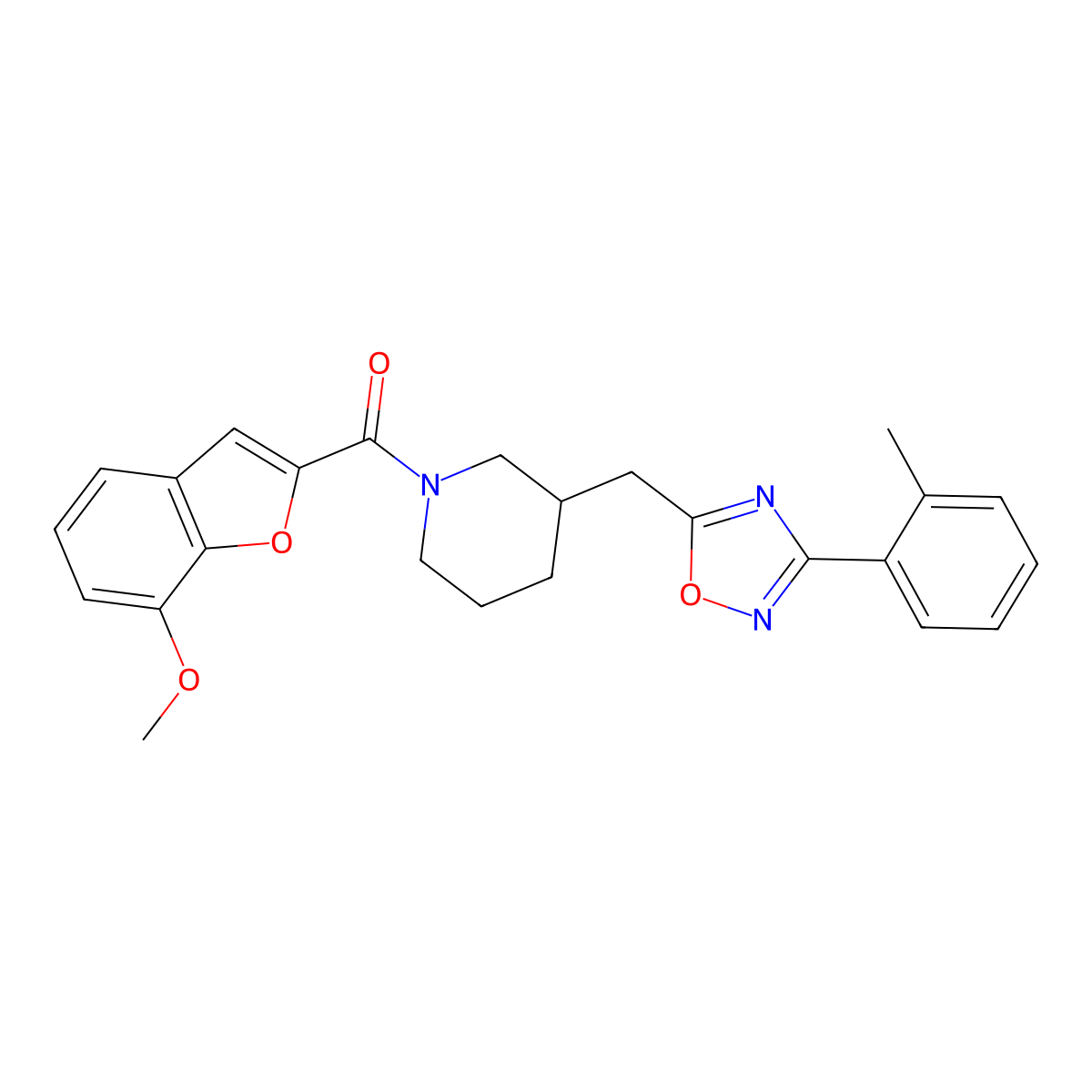 (7-Methoxybenzofuran-2-yl)(3-((3-(o-tolyl)-1,2,4-oxadiazol-5-yl)methyl)piperidin-1-yl)methanone molecular structure, CAS 1706234-52-7