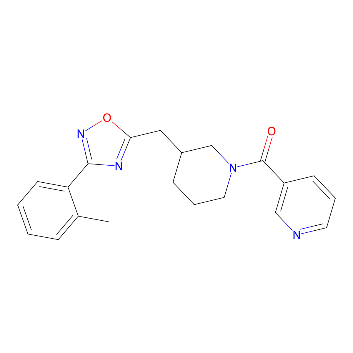 Pyridin-3-yl(3-((3-(o-tolyl)-1,2,4-oxadiazol-5-yl)methyl)piperidin-1-yl)methanone molecular structure, CAS 1706234-98-1