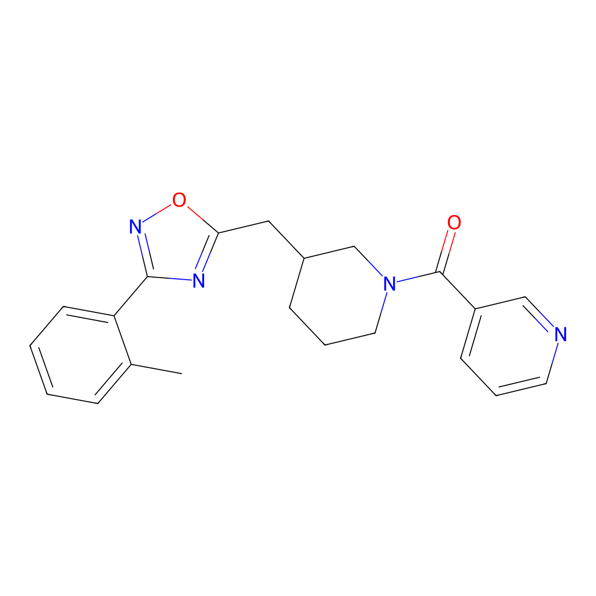 Pyridin-3-yl(3-((3-(o-tolyl)-1,2,4-oxadiazol-5-yl)methyl)piperidin-1-yl)methanone molecular structure, CAS 1706234-98-1