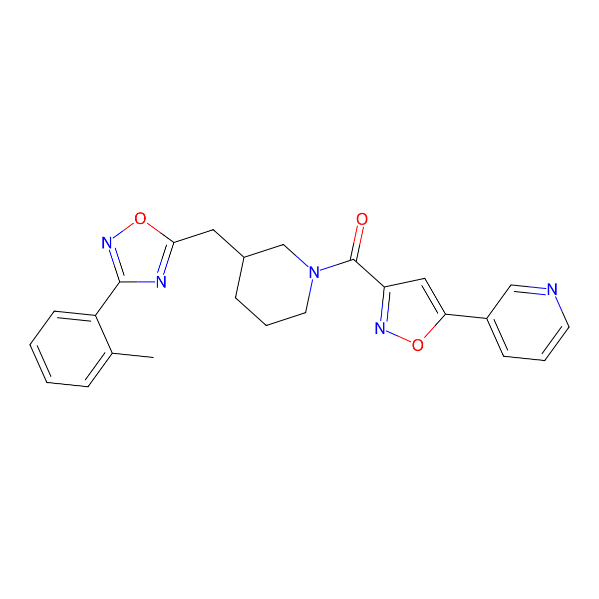 (5-(Pyridin-3-yl)isoxazol-3-yl)(3-((3-(o-tolyl)-1,2,4-oxadiazol-5-yl)methyl)piperidin-1-yl)methanone molecular structure, CAS 1706235-09-7