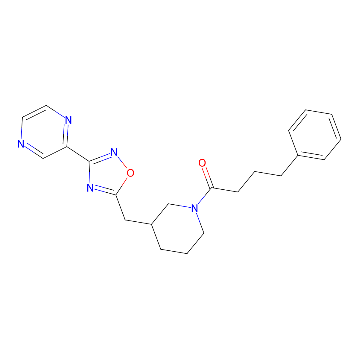 4-Phenyl-1-(3-{[3-(pyrazin-2-yl)-1,2,4-oxadiazol-5-yl]methyl}piperidin-1-yl)butan-1-one molecular structure, CAS 1706236-31-8