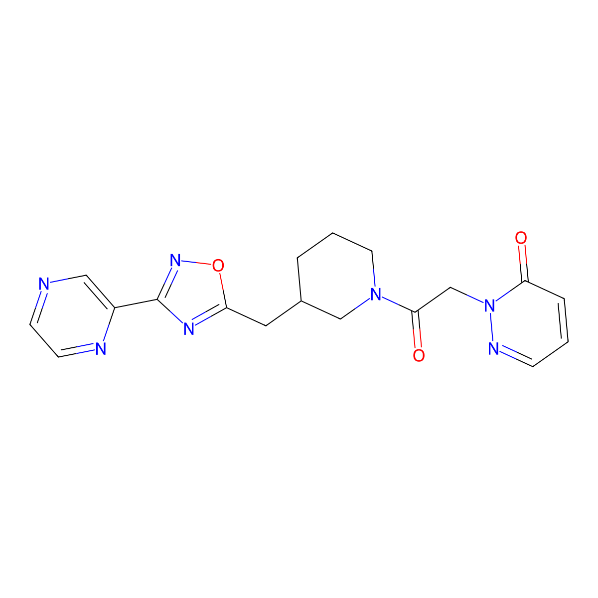 2-(2-oxo-2-(3-((3-(pyrazin-2-yl)-1,2,4-oxadiazol-5-yl)methyl)piperidin-1-yl)ethyl)pyridazin-3(2H)-one molecular structure, CAS 1706236-80-7