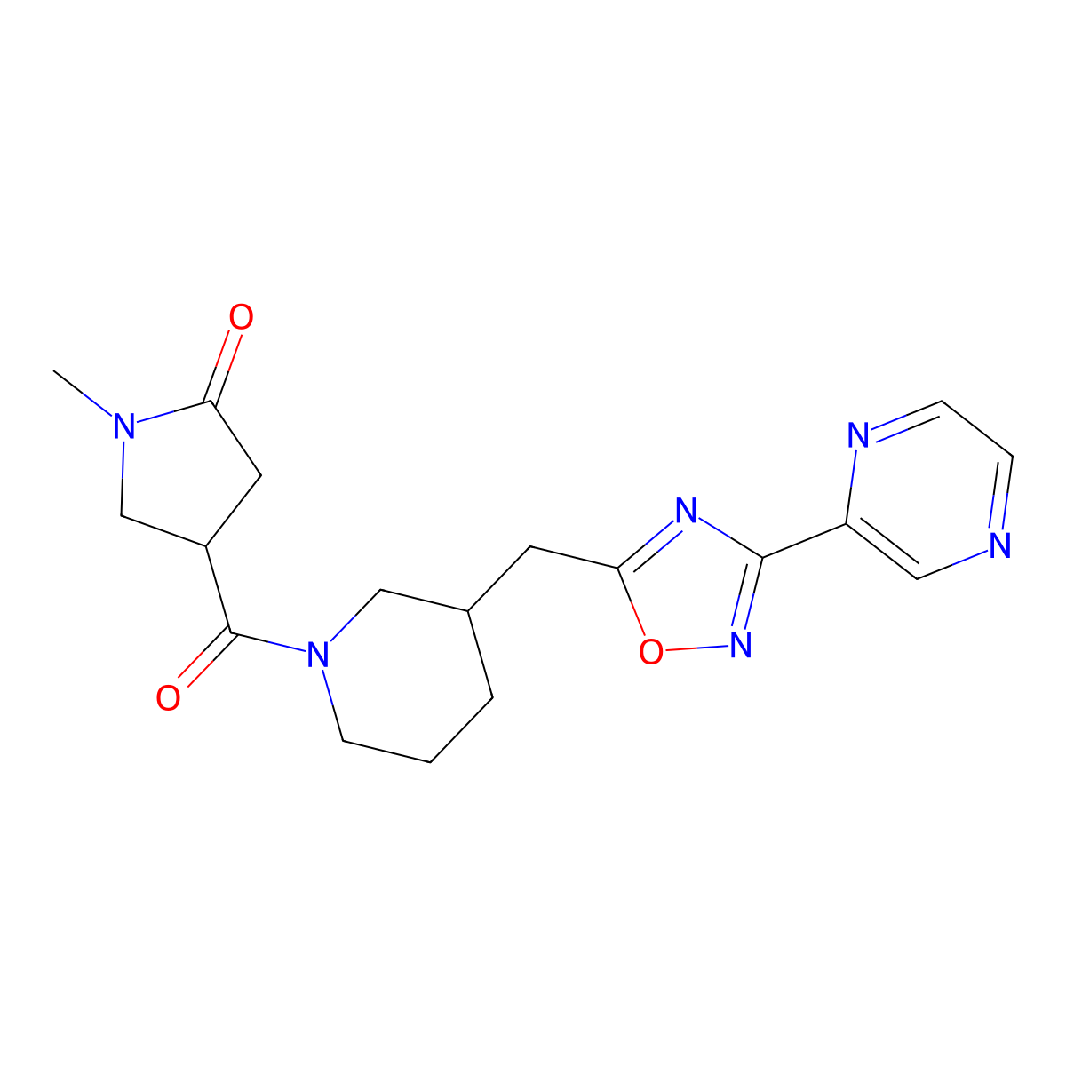 1-Methyl-4-(3-((3-(pyrazin-2-yl)-1,2,4-oxadiazol-5-yl)methyl)piperidine-1-carbonyl)pyrrolidin-2-one molecular structure, CAS 1706237-09-3