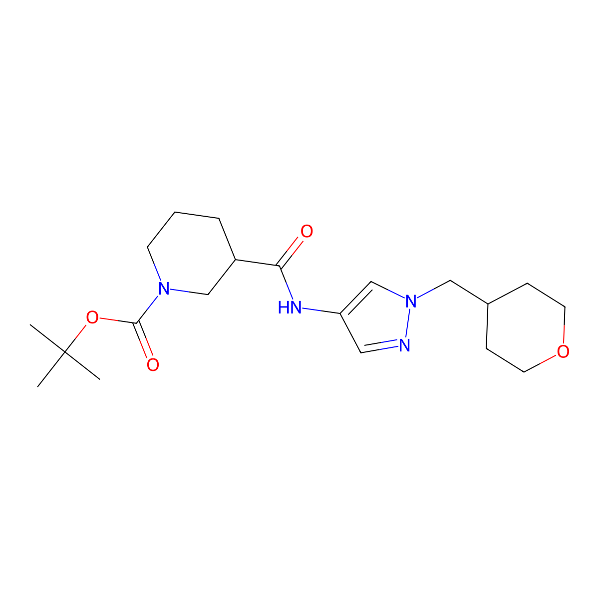 tert-butyl 3-((1-((tetrahydro-2H-pyran-4-yl)methyl)-1H-pyrazol-4-yl)carbamoyl)piperidine-1-carboxylate molecular structure, CAS 1706270-25-8