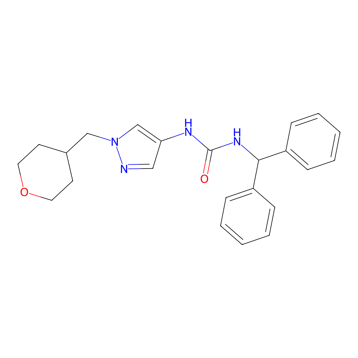 1-benzhydryl-3-(1-((tetrahydro-2H-pyran-4-yl)methyl)-1H-pyrazol-4-yl)urea molecular structure, CAS 1706270-42-9