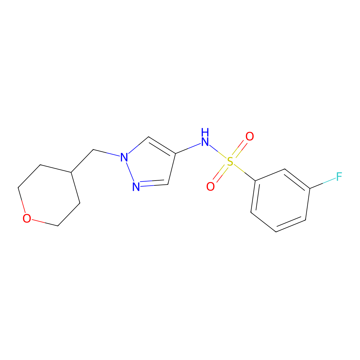 3-fluoro-N-(1-((tetrahydro-2H-pyran-4-yl)methyl)-1H-pyrazol-4-yl)benzenesulfonamide molecular structure, CAS 1706270-59-8