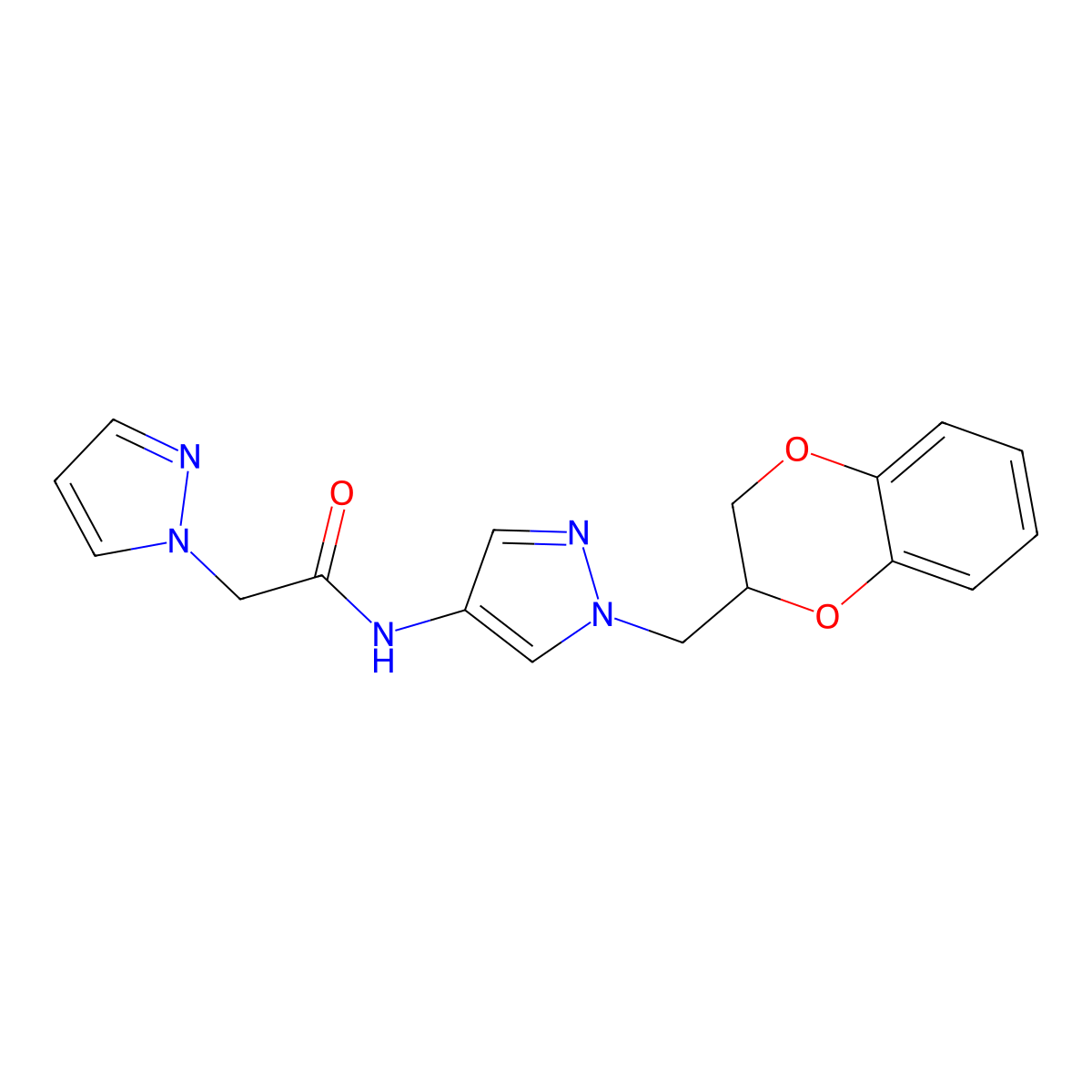 N-(1-((2,3-dihydrobenzo[b][1,4]dioxin-2-yl)methyl)-1H-pyrazol-4-yl)-2-(1H-pyrazol-1-yl)acetamide molecular structure, CAS 1706271-41-1