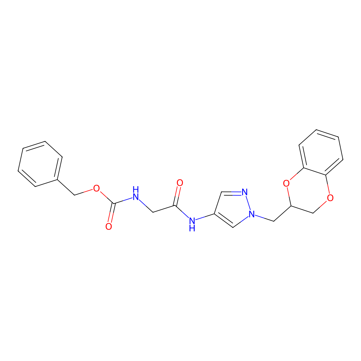 benzyl (2-((1-((2,3-dihydrobenzo[b][1,4]dioxin-2-yl)methyl)-1H-pyrazol-4-yl)amino)-2-oxoethyl)carbamate molecular structure, CAS 1706271-74-0