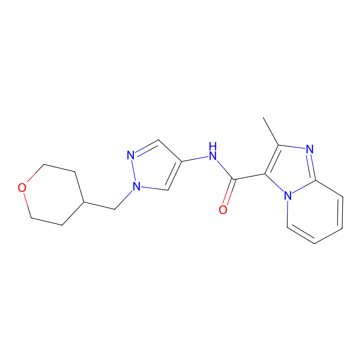 2-methyl-N-(1-((tetrahydro-2H-pyran-4-yl)methyl)-1H-pyrazol-4-yl)imidazo[1,2-a]pyridine-3-carboxamide molecular structure, CAS 1706274-44-3