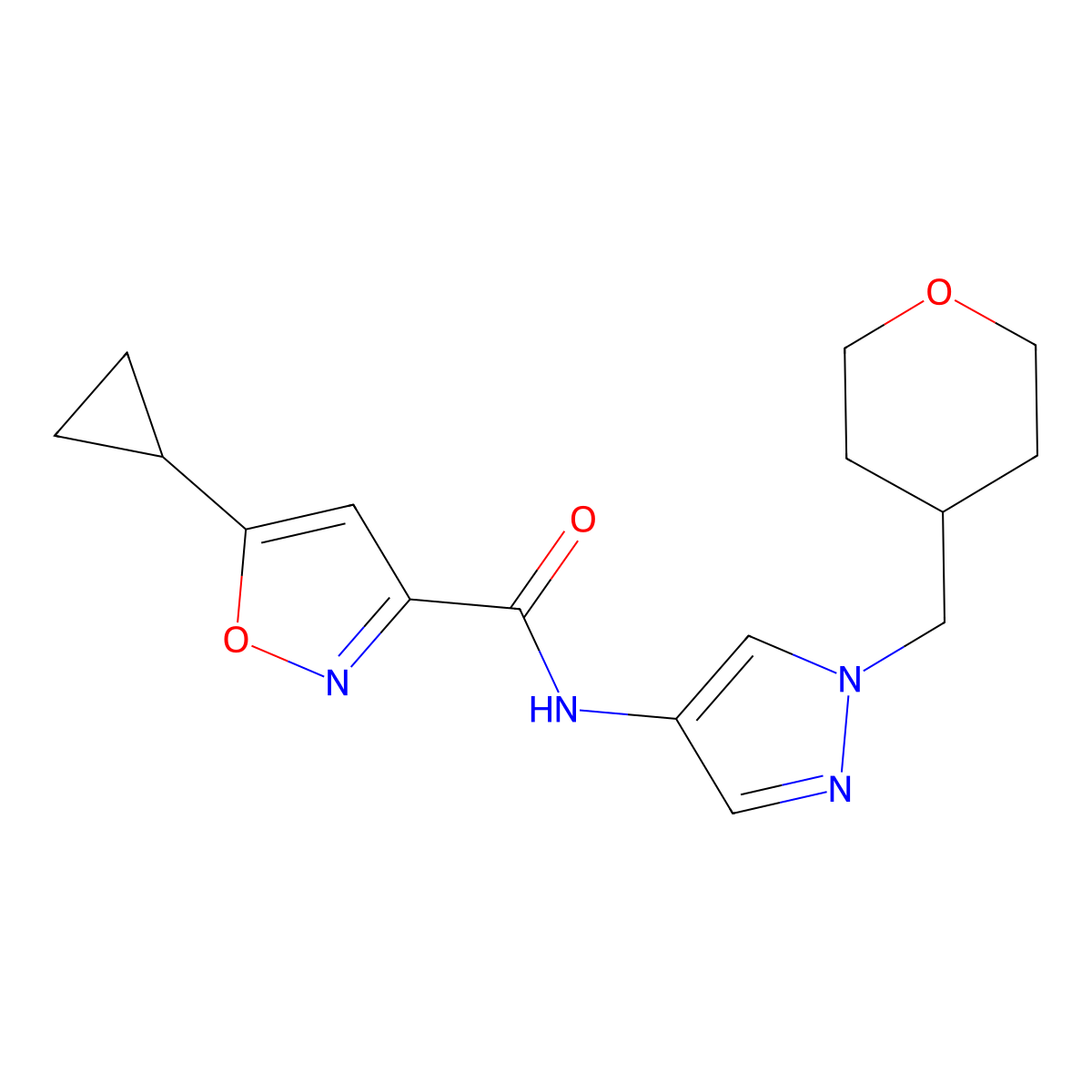 5-cyclopropyl-N-(1-((tetrahydro-2H-pyran-4-yl)methyl)-1H-pyrazol-4-yl)isoxazole-3-carboxamide molecular structure, CAS 1706274-71-6