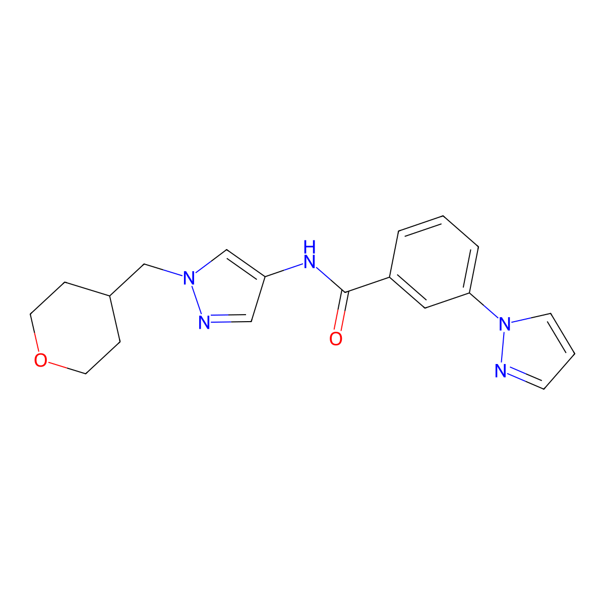 3-(1H-pyrazol-1-yl)-N-(1-((tetrahydro-2H-pyran-4-yl)methyl)-1H-pyrazol-4-yl)benzamide molecular structure, CAS 1706275-11-7
