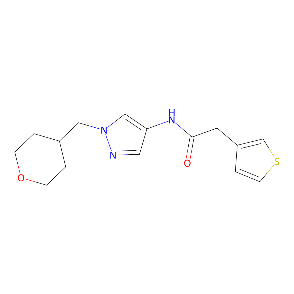 N-(1-((tetrahydro-2H-pyran-4-yl)methyl)-1H-pyrazol-4-yl)-2-(thiophen-3-yl)acetamide molecular structure, CAS 1706275-17-3